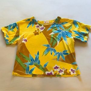 vintage 90s yuki torii bright yellow + blue bamboo + cherry blossom boxy tee / m